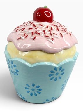 Pier 1 Imports 10” Tall  Cupcake Cookie Jar With Sprinkles & A Cherry On Top